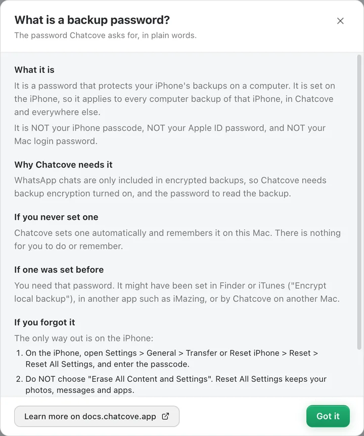Chatcove's "What is a backup password?" sheet, with the sections: What it is, Why Chatcove needs it, If you never set one, If one was set before, If you forgot it.