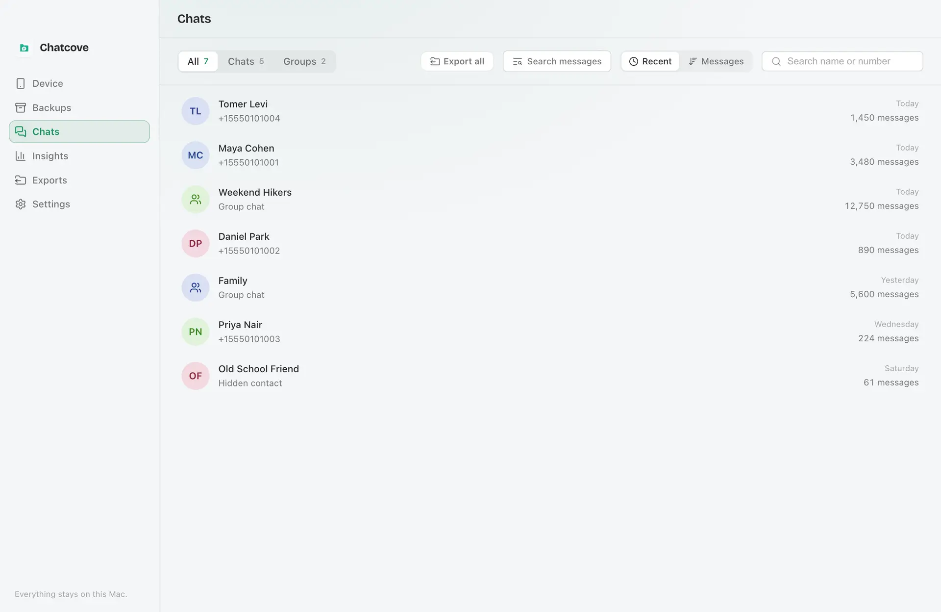 Chatcove on a Mac, showing your full WhatsApp chat list
